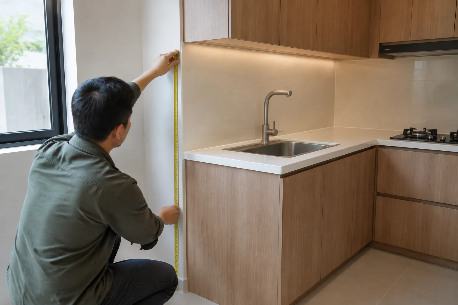 Seseorang mengukur jarak antara pulau dapur dan kabinet