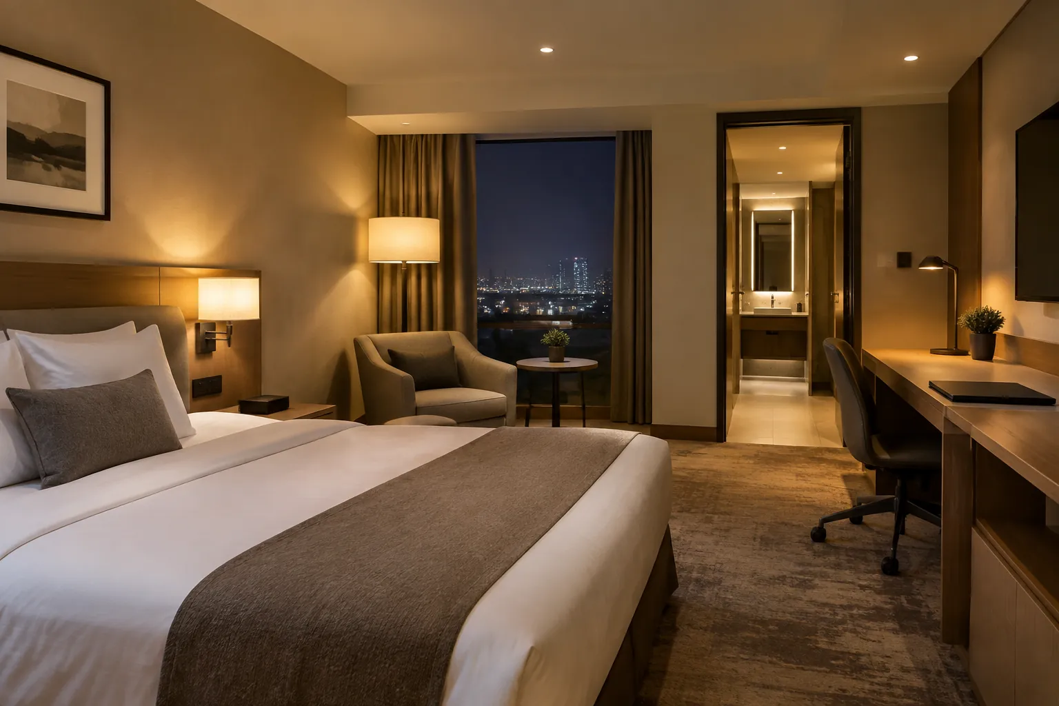 Kamar hotel memiliki lampu baca, lampu meja, dan penerangan umum