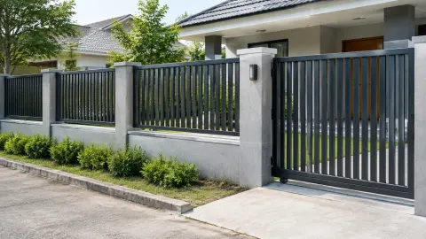 Pagar besi depan rumah dengan tiang beton dan gerbang