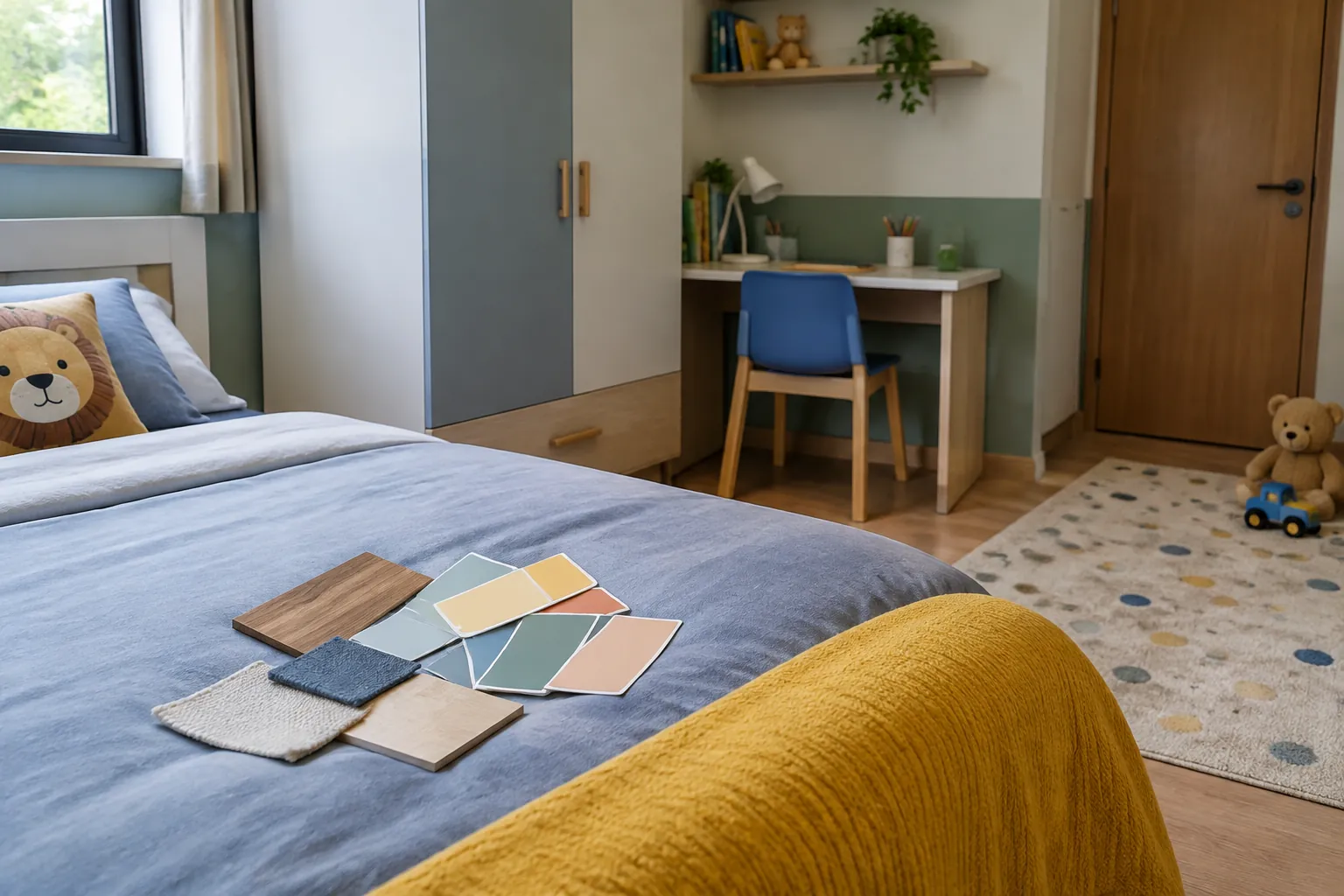 Contoh warna dan bahan diletakkan di atas tempat tidur anak