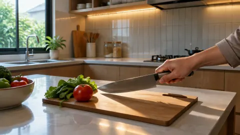 Tangan menyiapkan sayuran di meja dapur dengan lampu di bawah kabinet