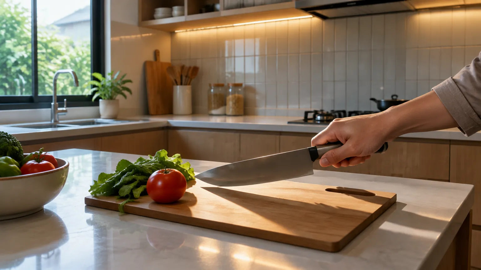 Tangan menyiapkan sayuran di meja dapur dengan lampu di bawah kabinet