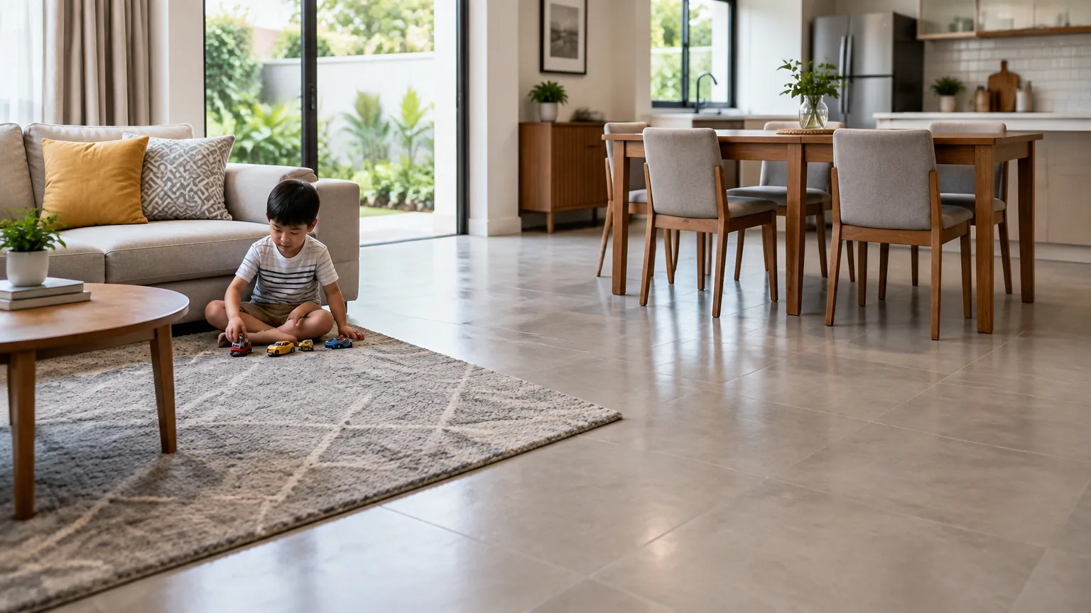 Anak bermain di karpet ruang keluarga dekat meja makan