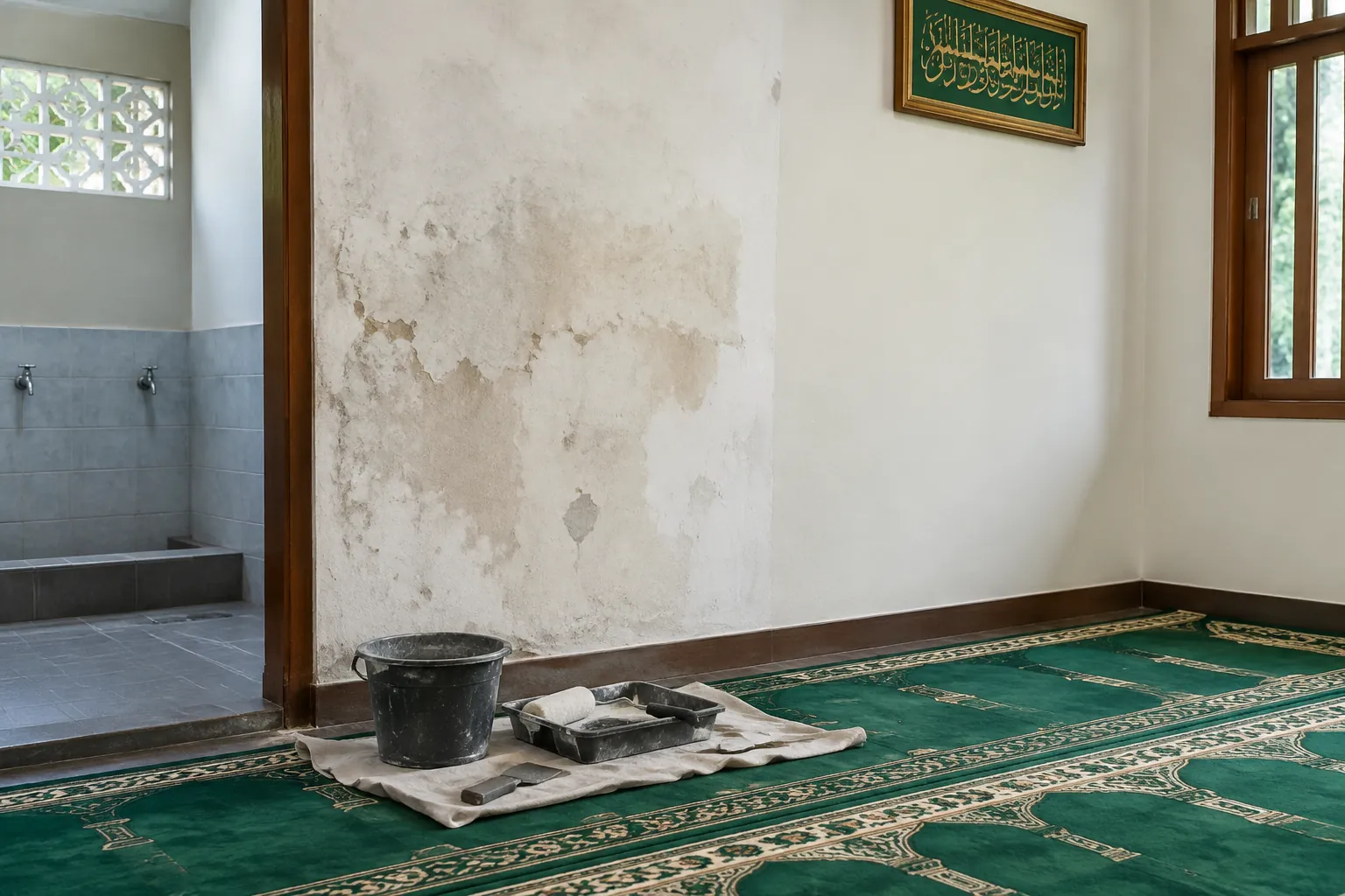 Dinding musala dengan noda dan lapisan permukaan yang rusak