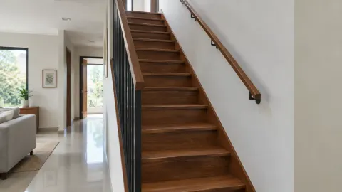 Tangga kayu sempit dengan pegangan dinding