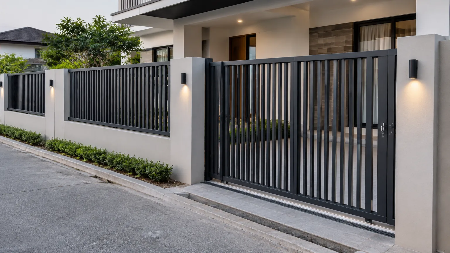 Pagar besi hitam dengan gerbang di depan rumah modern