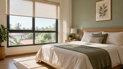 Kamar tidur terang dengan jendela besar dan tirai gulung