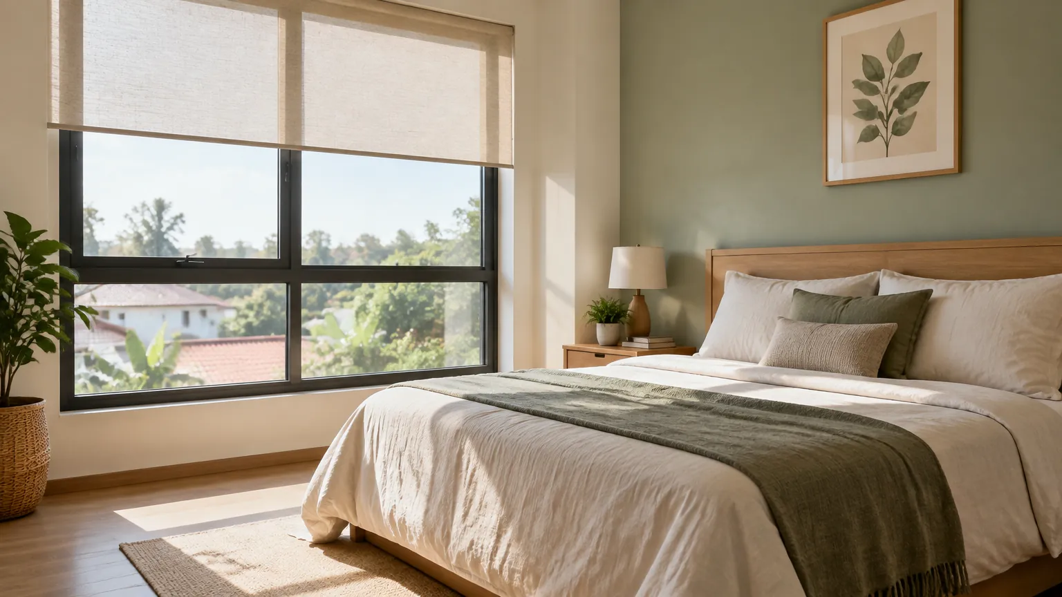 Kamar tidur terang dengan jendela besar dan tirai gulung