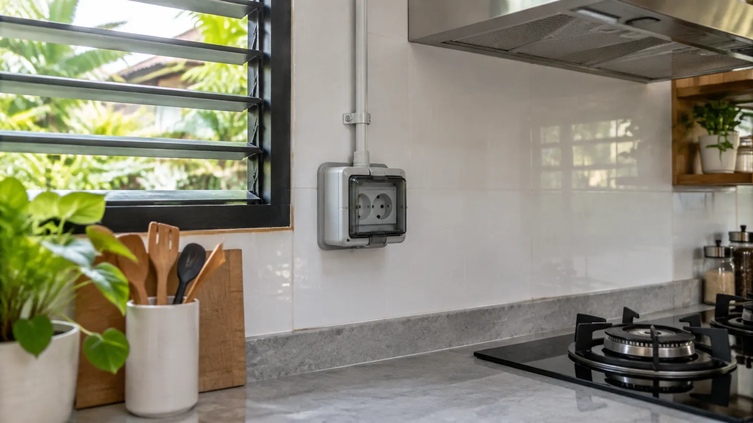 Dapur dengan kompor, jendela berjalusi, dan instalasi listrik di dinding