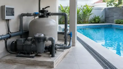 Pompa, filter, dan pipa di sisi kolam renang rumah