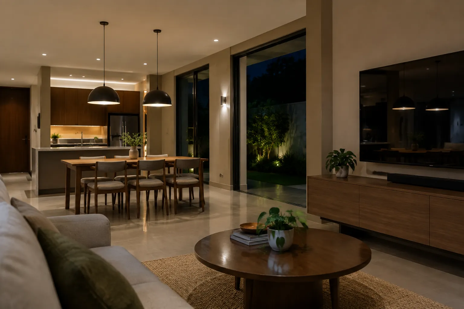 Ruang makan terbuka dengan lampu gantung saat malam