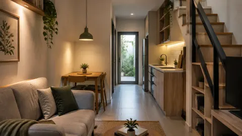 Ruang rumah sempit dengan area makan kecil, dapur, dan tangga