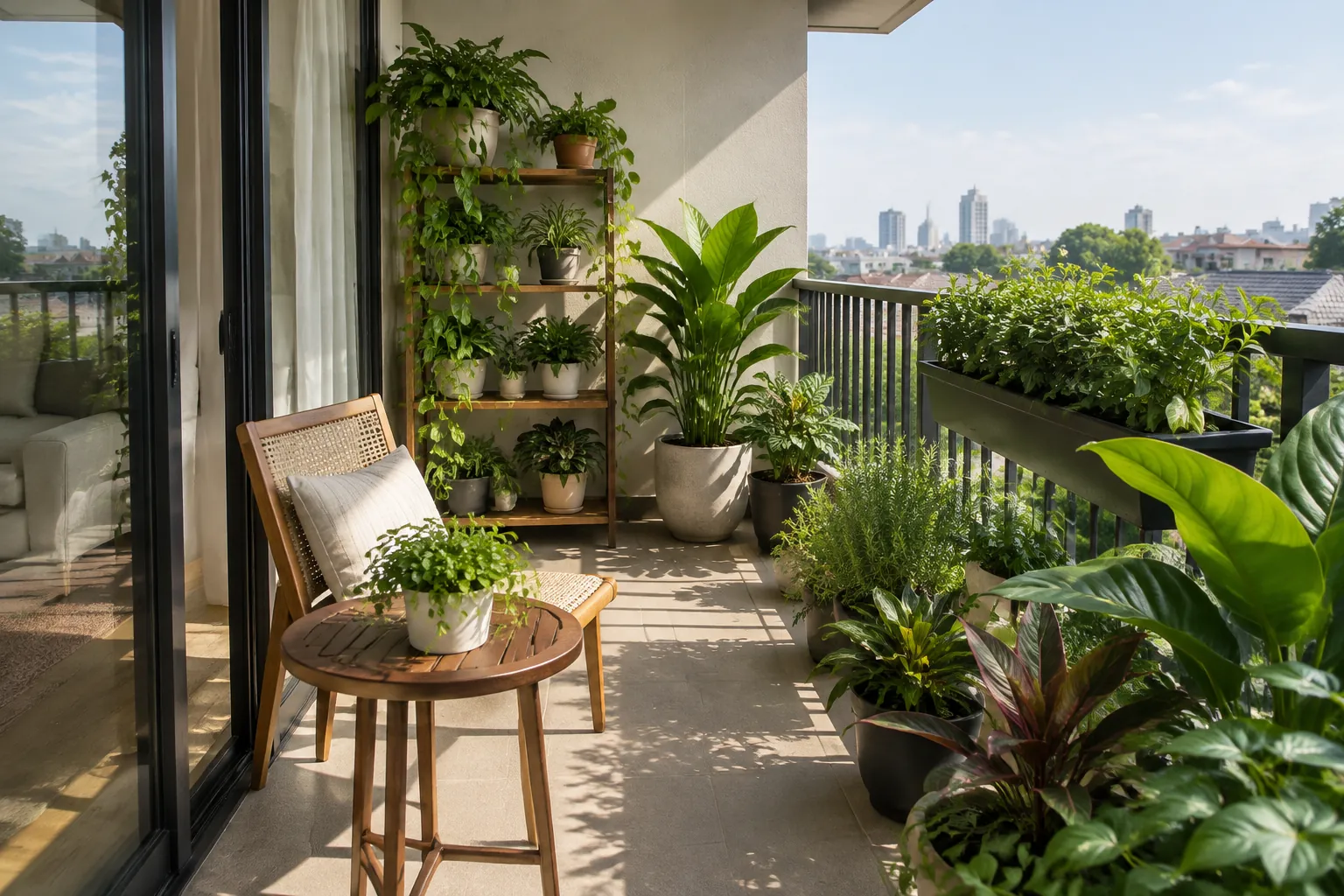 Balkon cerah dengan tanaman pot dan kursi