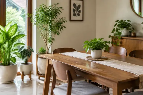 Tanaman pot di sekitar meja makan kayu