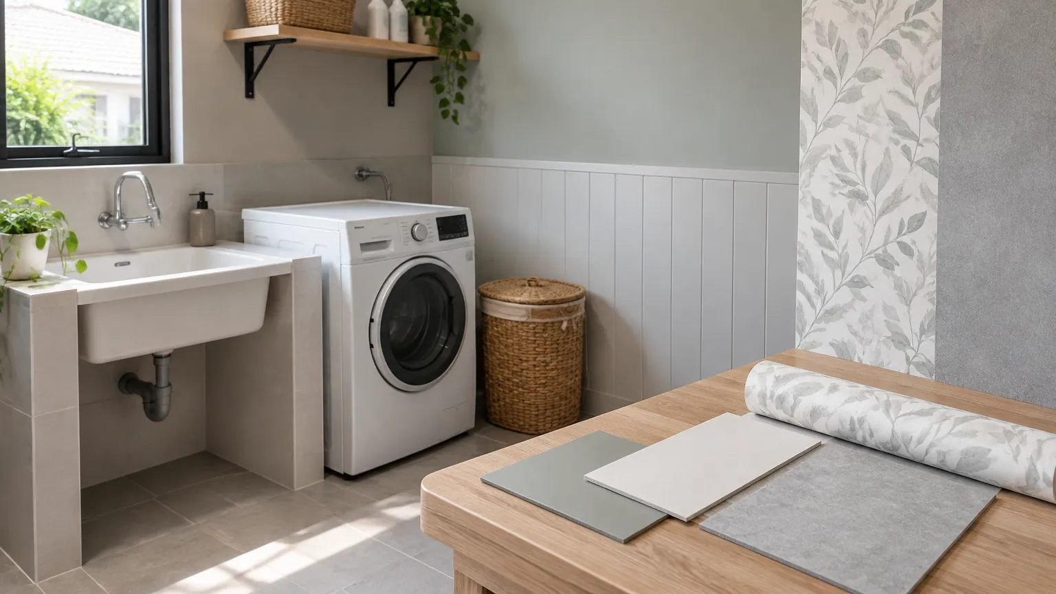 Ruang cuci dengan panel dinding dan contoh finishing