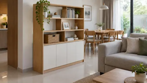 Rak terbuka dan kabinet tertutup membatasi ruang keluarga dan area makan