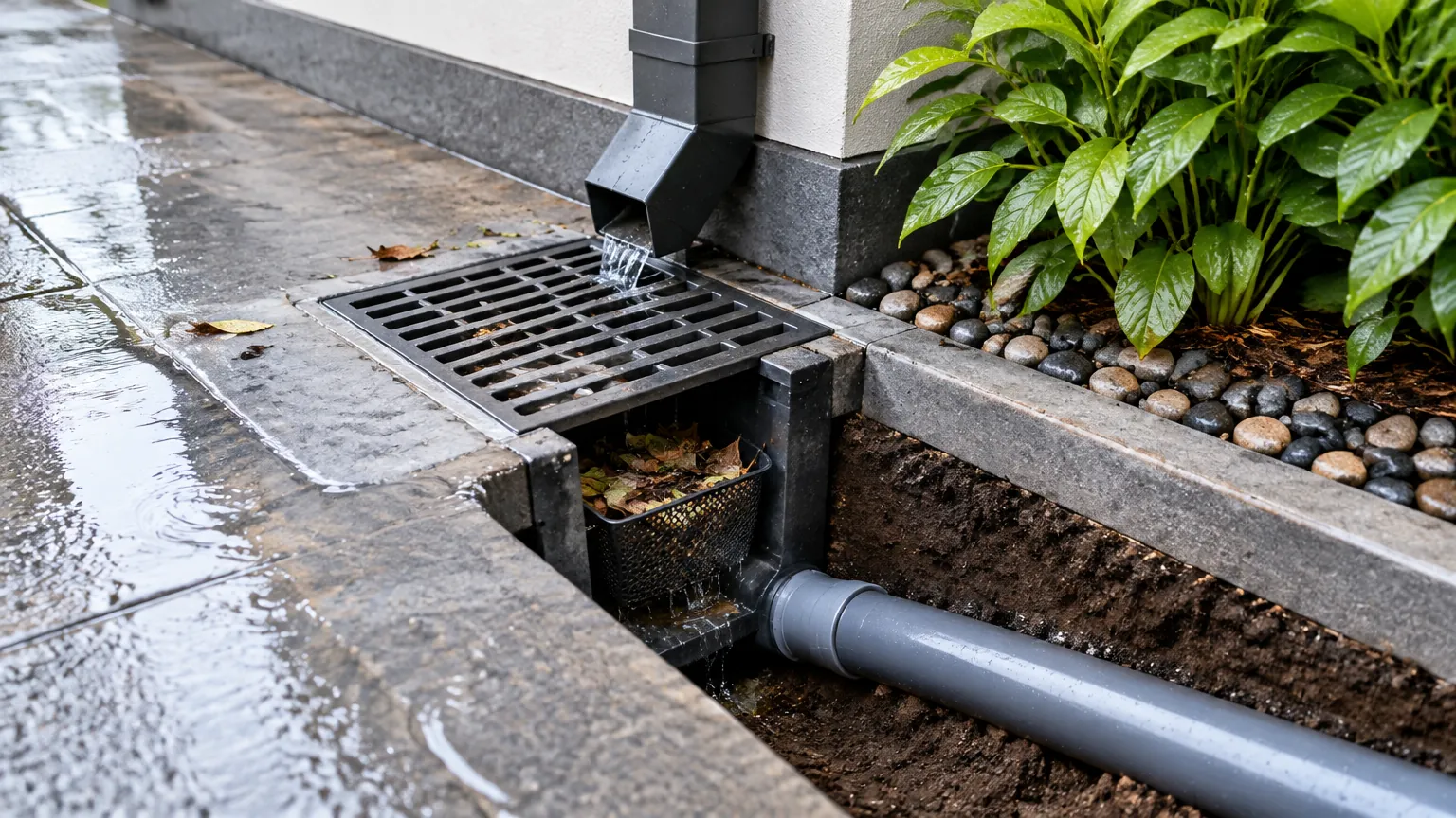 Saluran drainase sempit terbuka dekat dinding luar