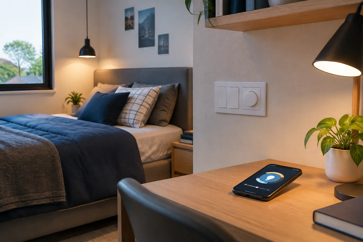 Panel sakelar dan perangkat kontrol dekat tempat tidur remaja