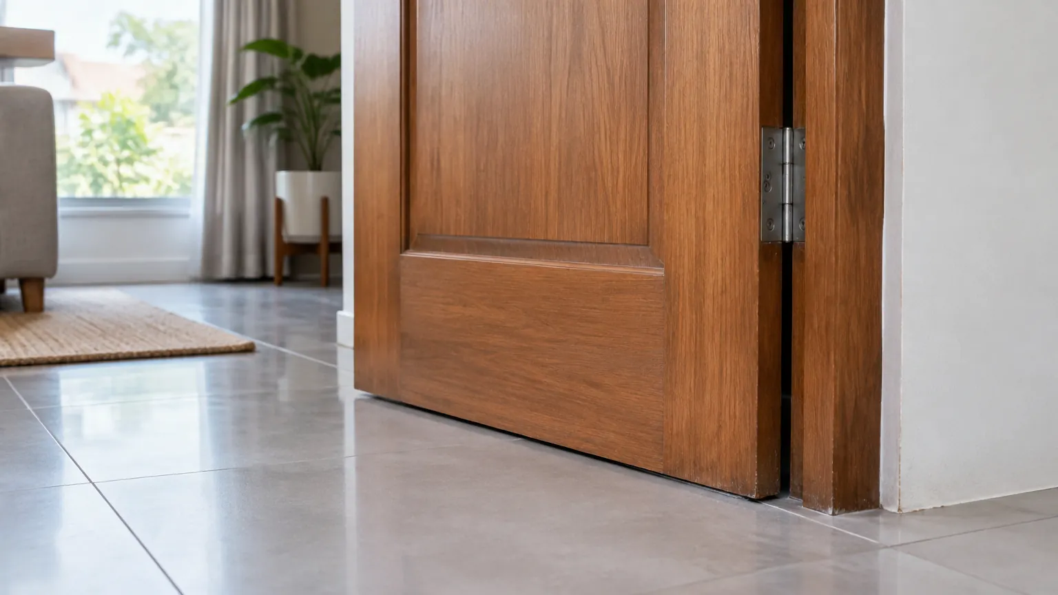 Pintu kayu terbuka dengan bagian bawah daun pintu terlihat