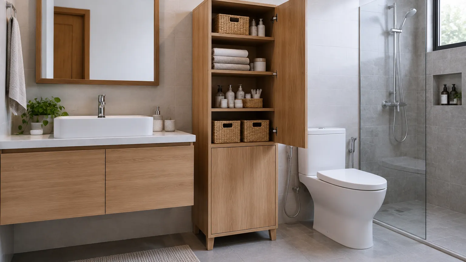 Kabinet kayu penyimpanan di samping wastafel kamar mandi