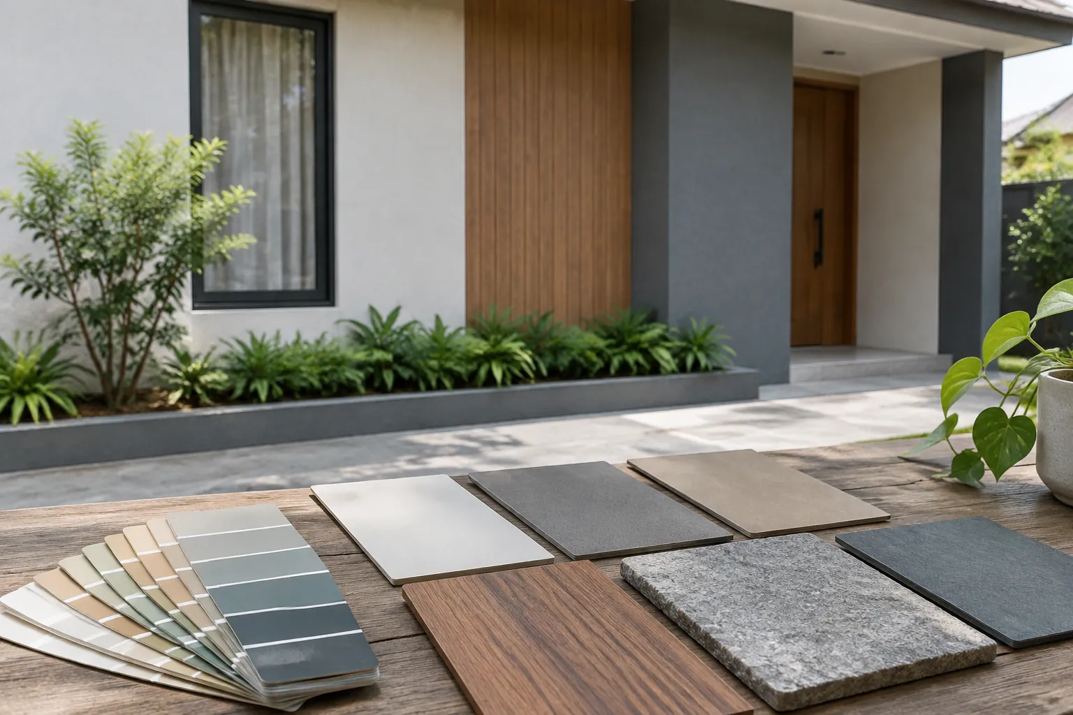 Sampel batu, kayu, dan warna tersusun di depan fasad rumah