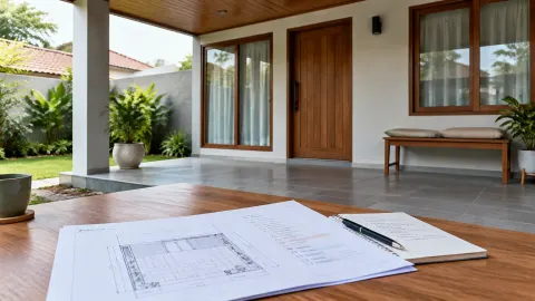 Rencana gambar teras diletakkan di depan teras rumah