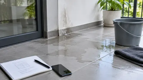 Genangan air terlihat di lantai dekat pintu kaca