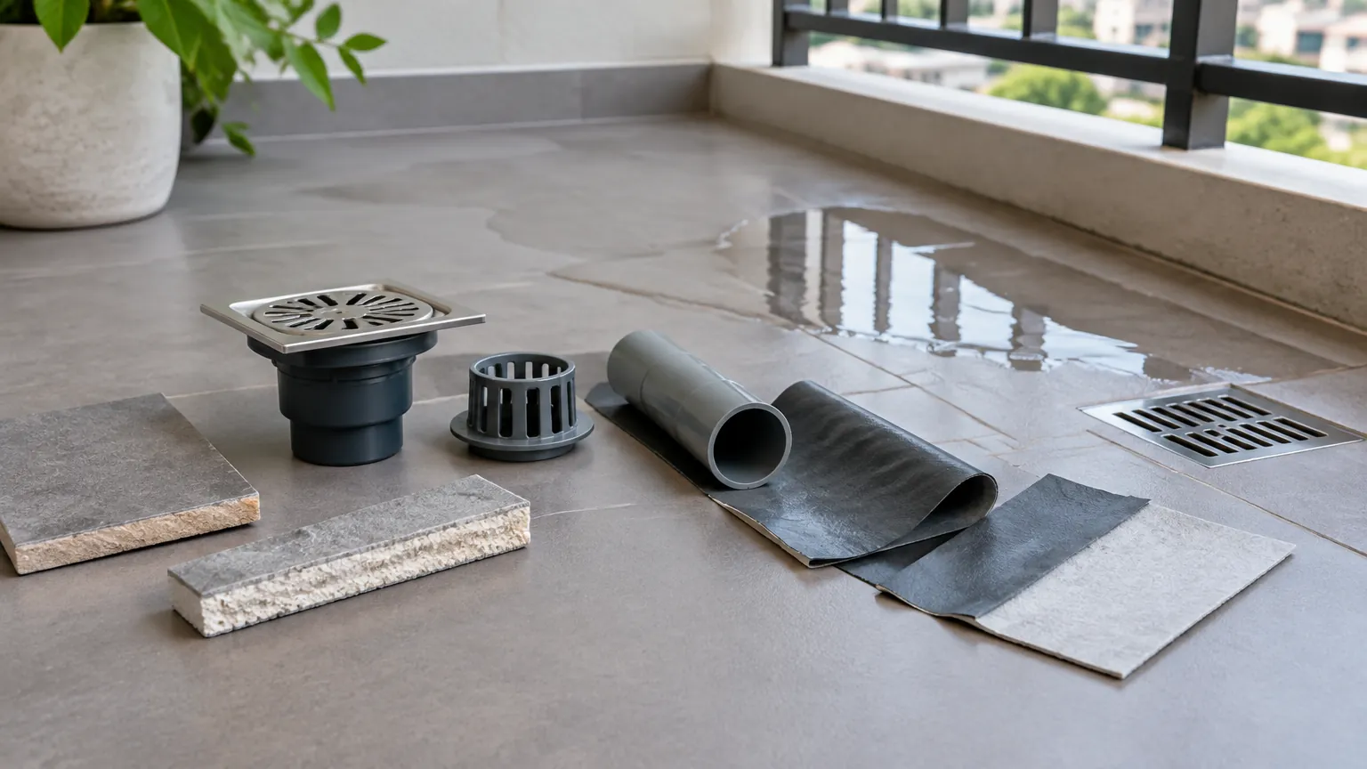Komponen drainase disiapkan di lantai balkon