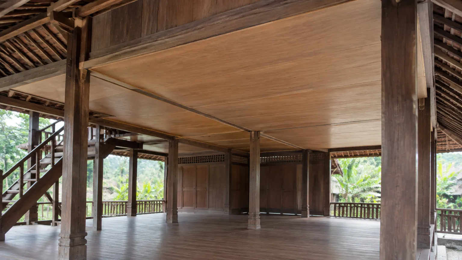 Ruang panggung kayu tradisional dengan balok plafon terlihat