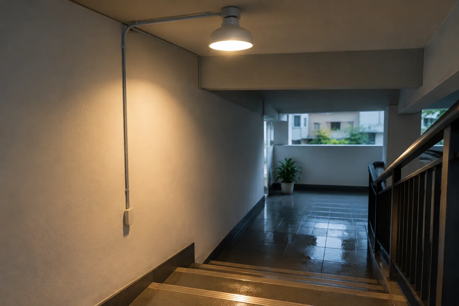 Lampu menerangi tangga dan koridor rumah