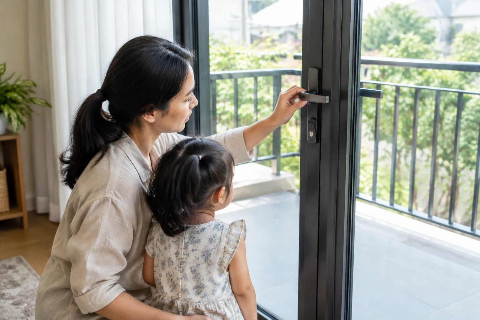 Orang dewasa dan anak memeriksa akses pintu menuju area balkon berpagar