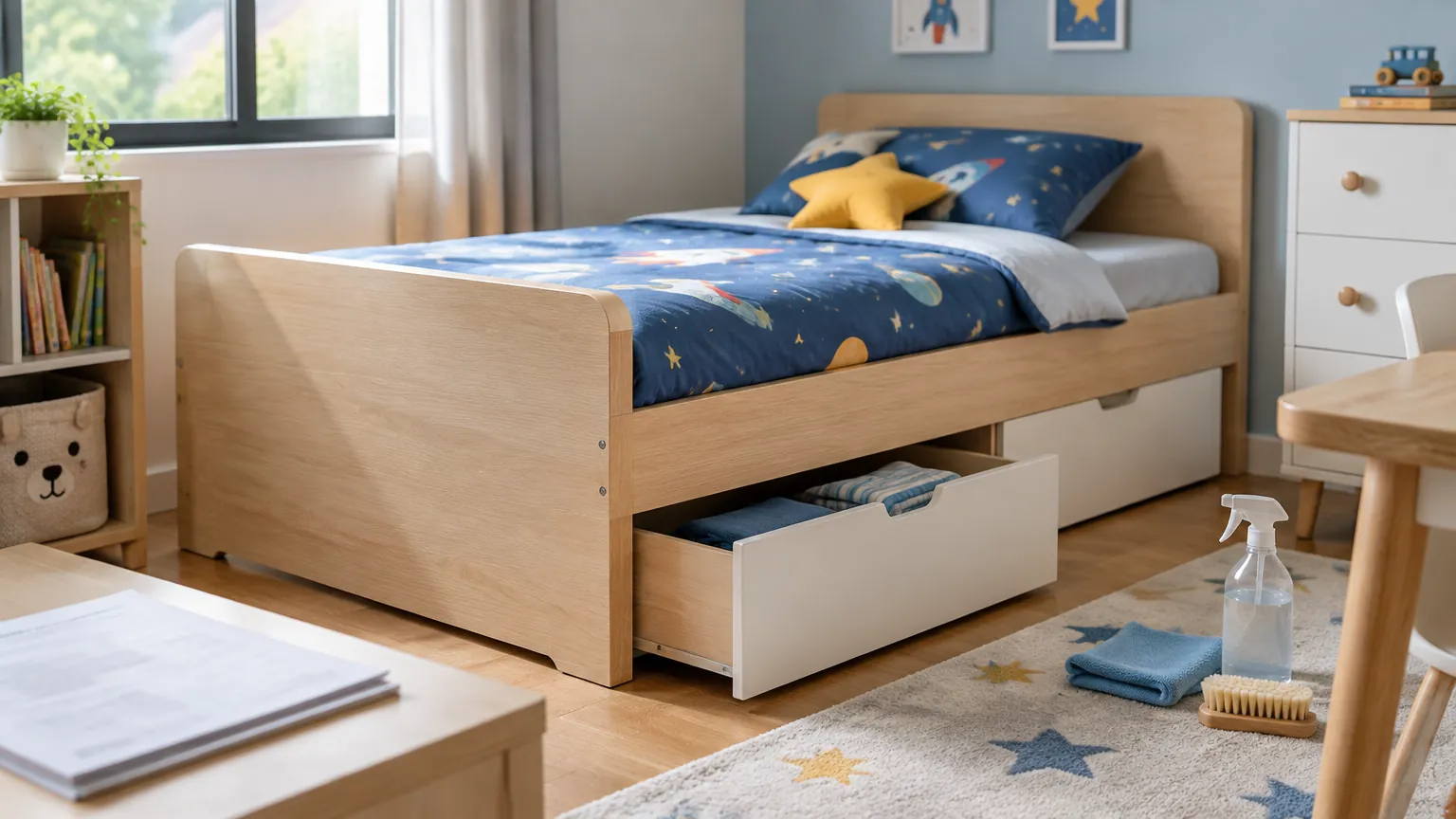 Tempat tidur anak dengan laci penyimpanan