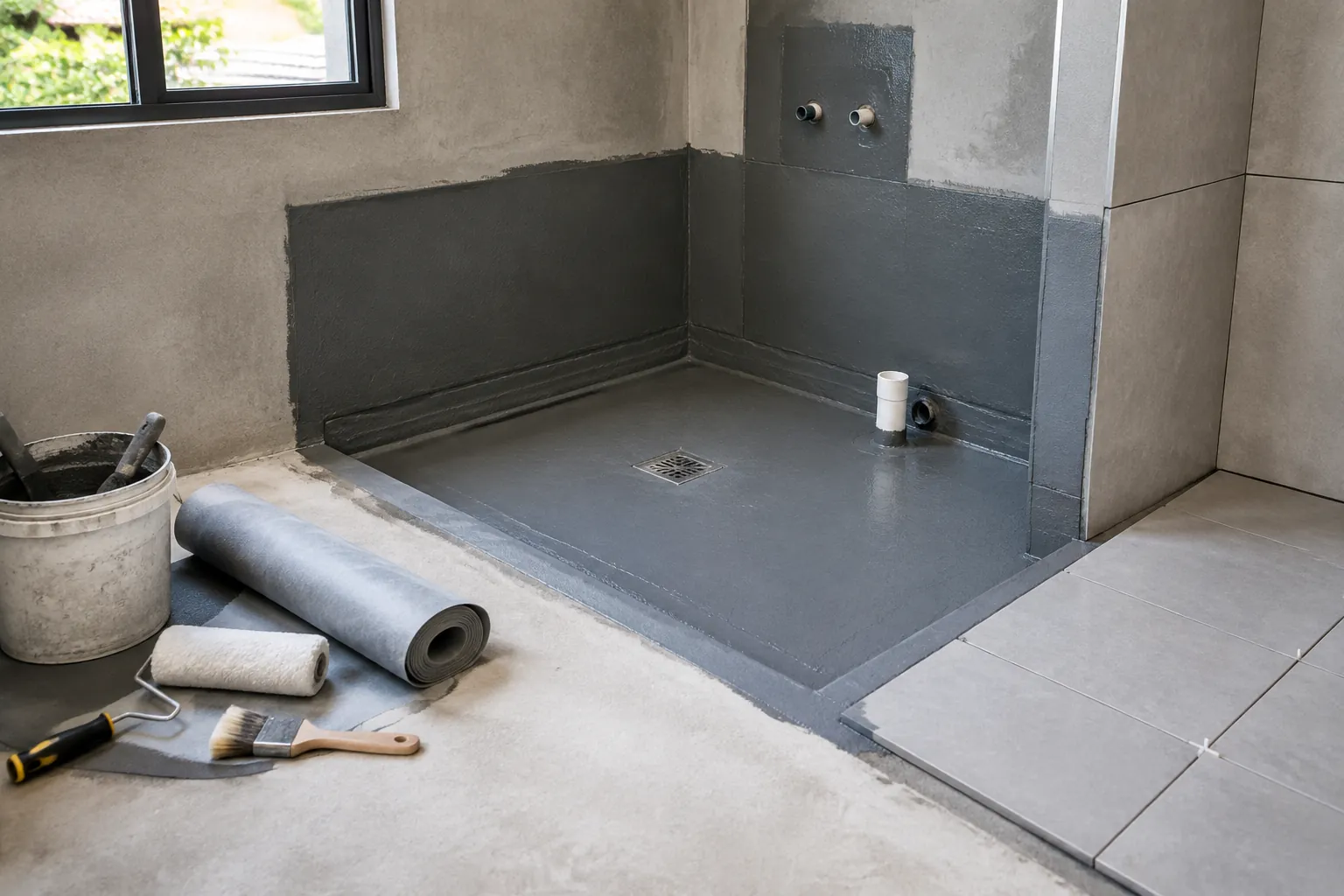 Lantai dan dinding area shower diberi lapisan kedap air sebelum finishing