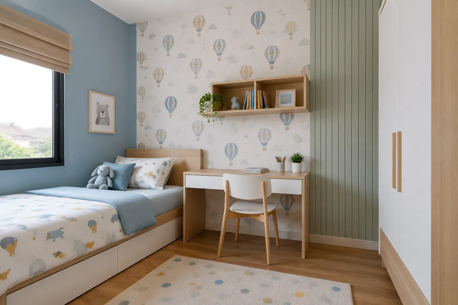 Wallpaper dan panel beralur terpasang pada dinding kamar anak