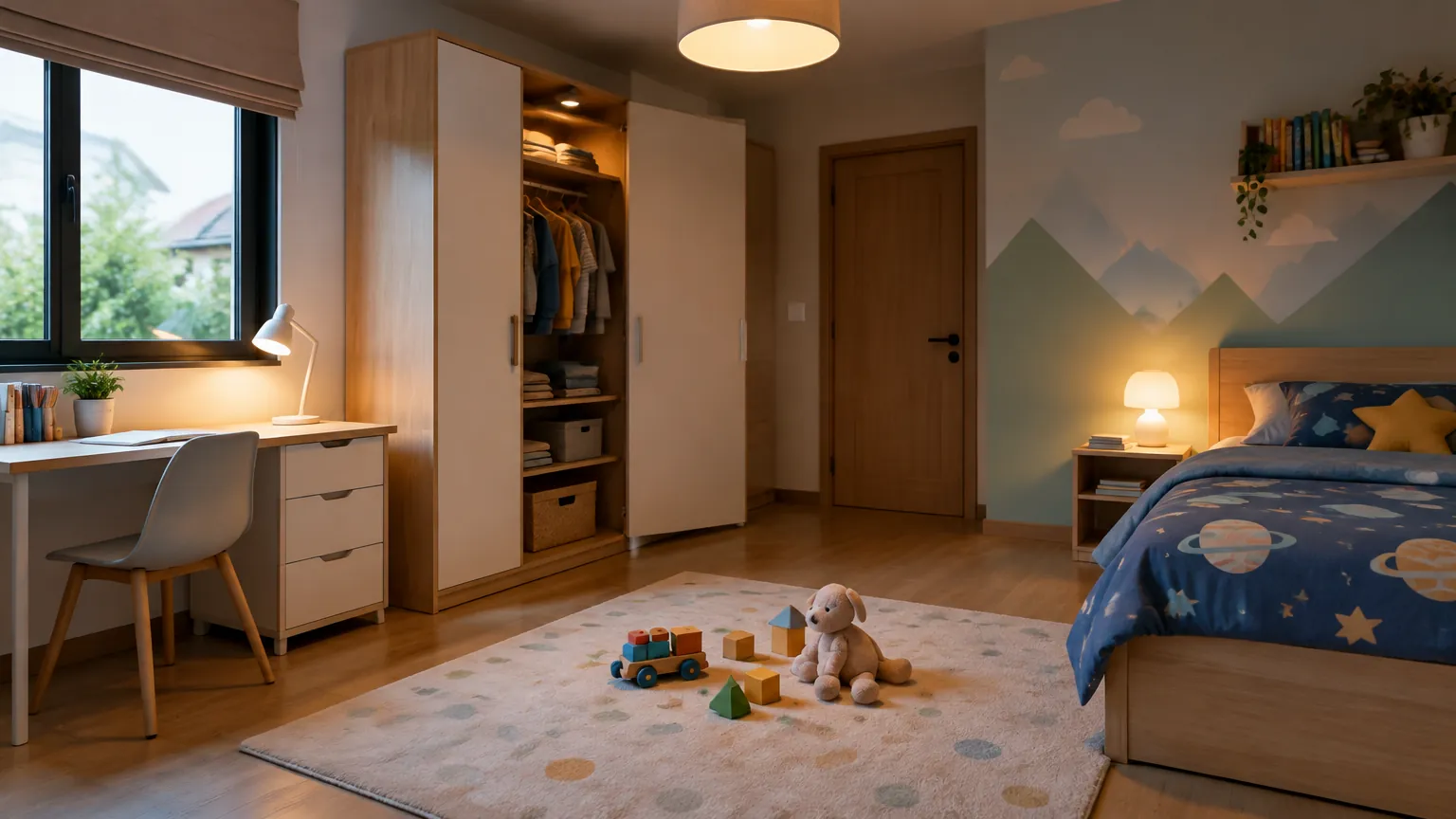 Kamar anak dengan lampu plafon dan lampu meja di sisi tempat tidur
