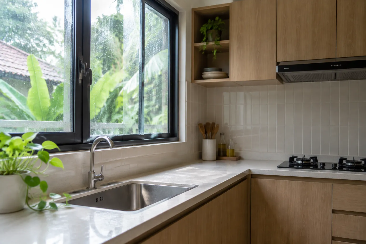 Kabinet dapur dekat jendela dengan cahaya matahari