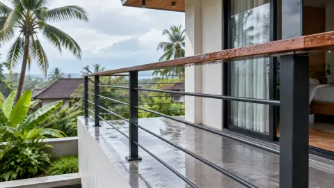 Railing logam pada balkon rumah menghadap pepohonan tropis