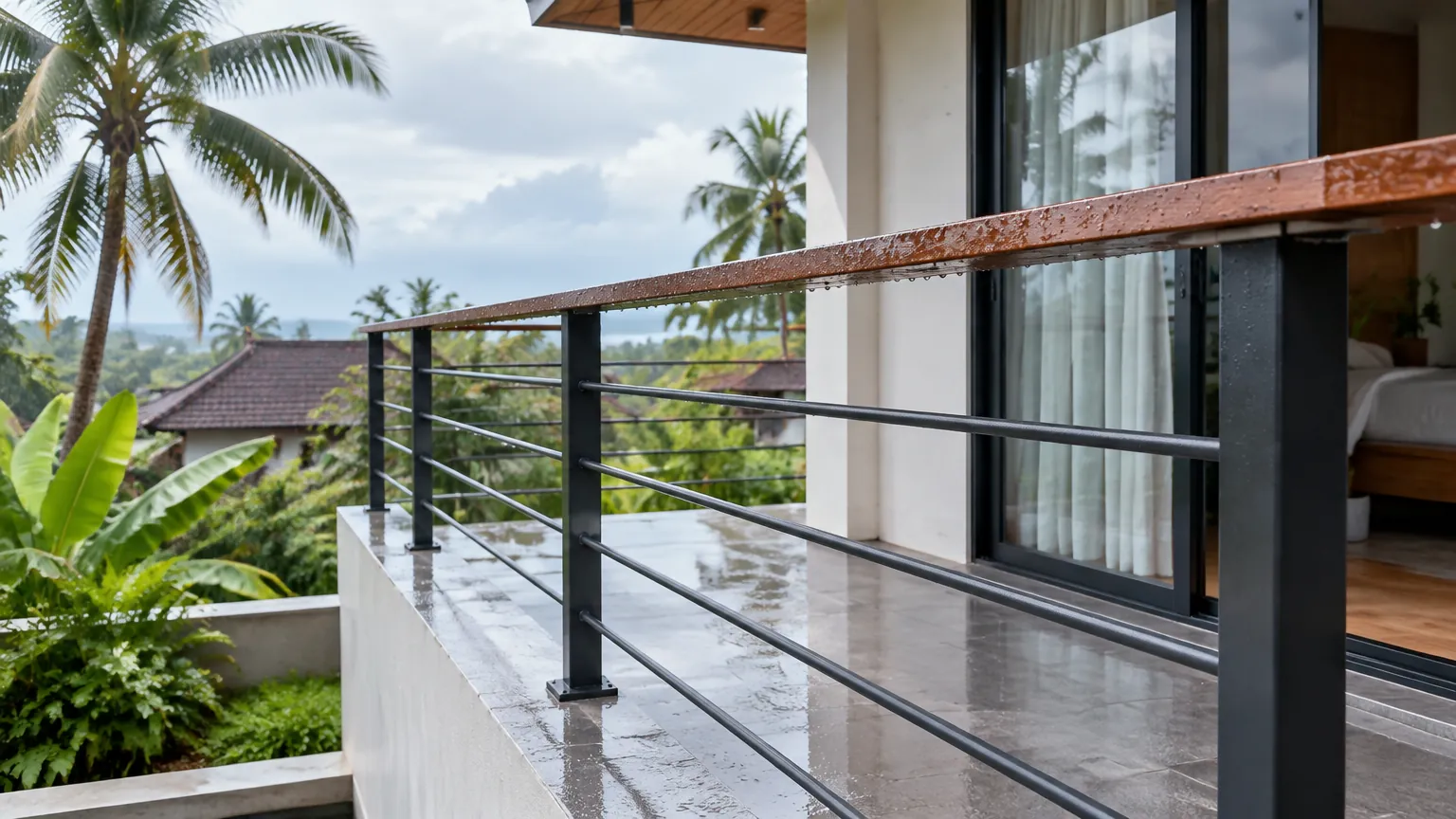 Railing logam pada balkon rumah menghadap pepohonan tropis