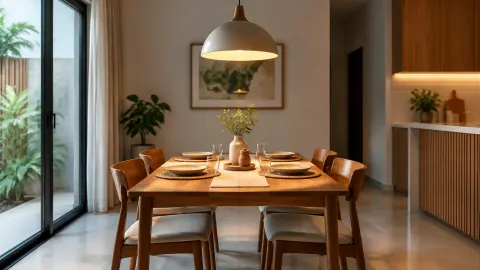 Lampu gantung menerangi meja makan kayu