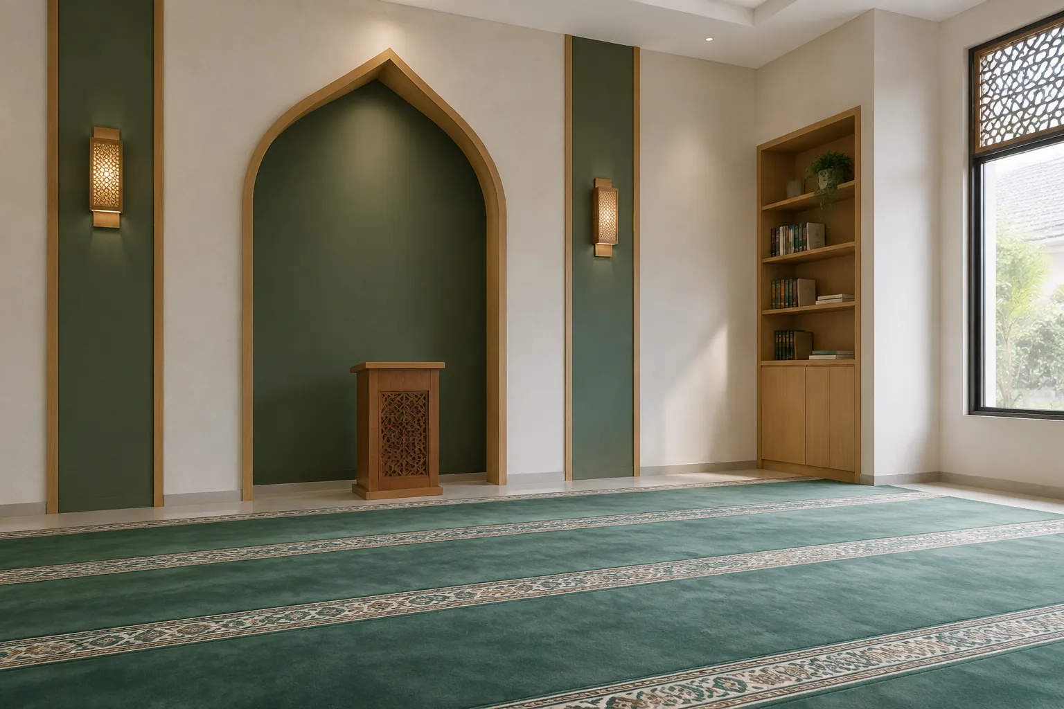 Musala dengan dinding hijau dan karpet salat senada