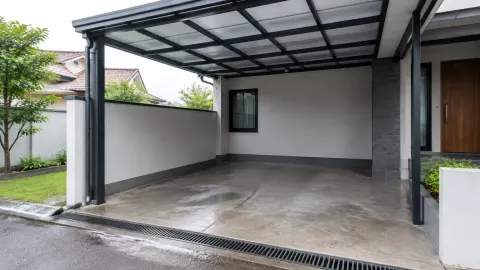 Carport beratap dengan lantai dan saluran air di depannya
