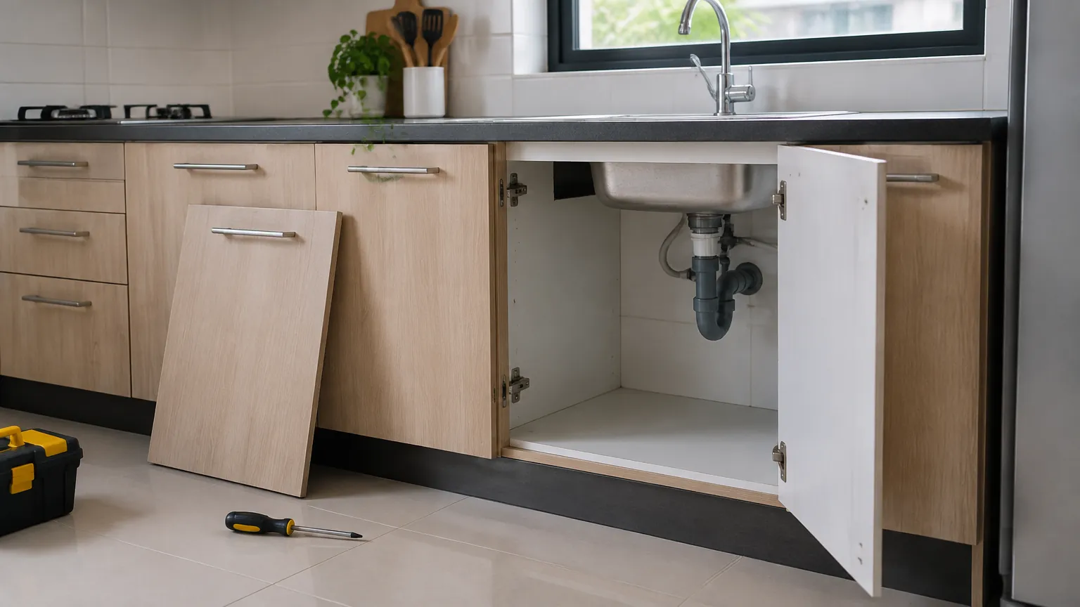 Kabinet bawah bak dapur dengan pintu dan panel dilepas