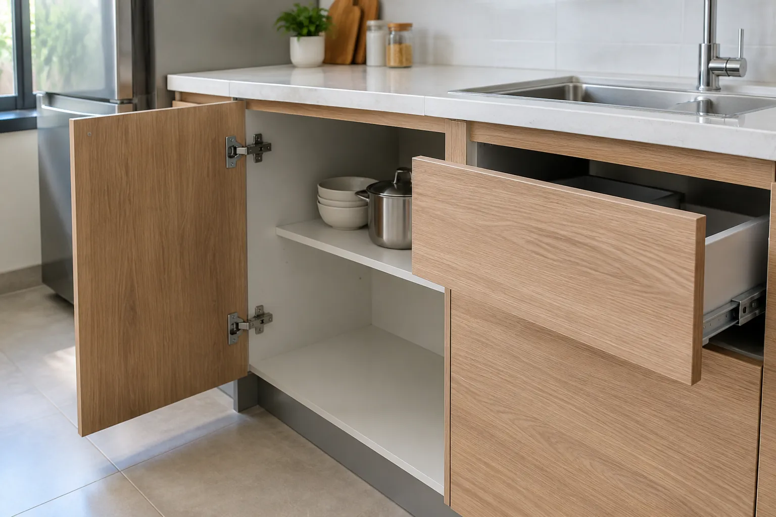 Kabinet kitchen set dengan pintu dan laci terbuka