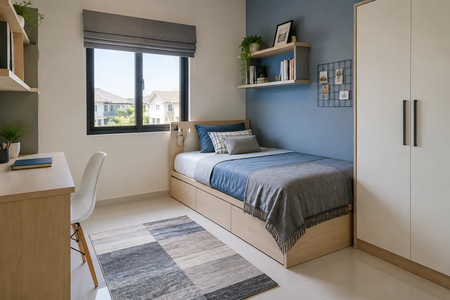 Kamar remaja bernuansa biru dengan tempat tidur dan meja belajar.