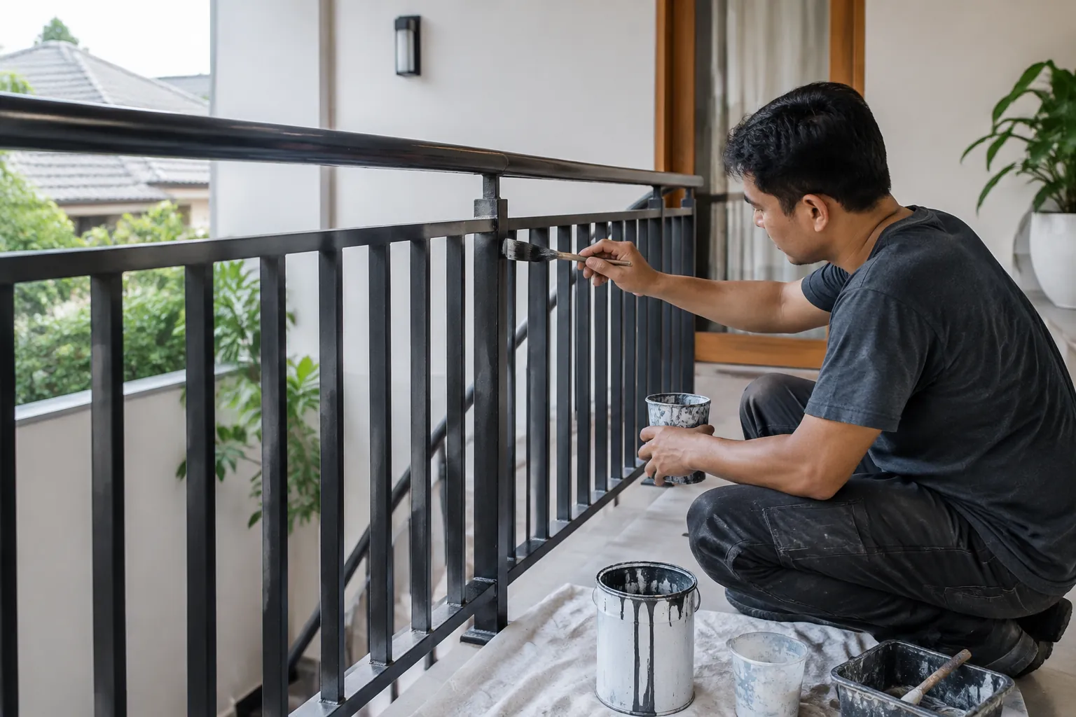 Pekerja mengecat railing.