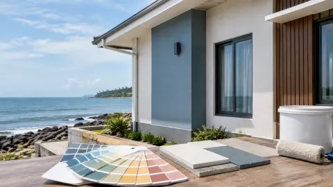 Rumah dekat laut dengan sampel warna fasad di halaman