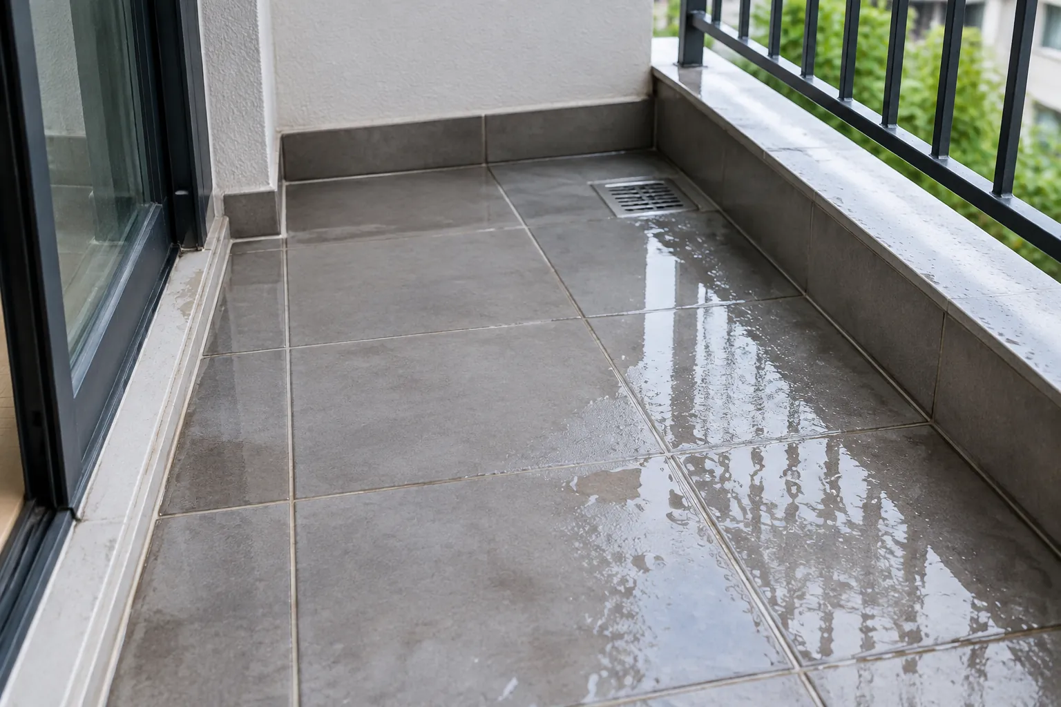 Air tergenang di lantai balkon dekat saluran