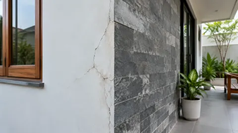 Dinding luar berlapis batu bertekstur di samping jendela