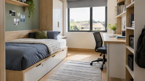 Tempat tidur dan meja belajar terpasang di kamar remaja