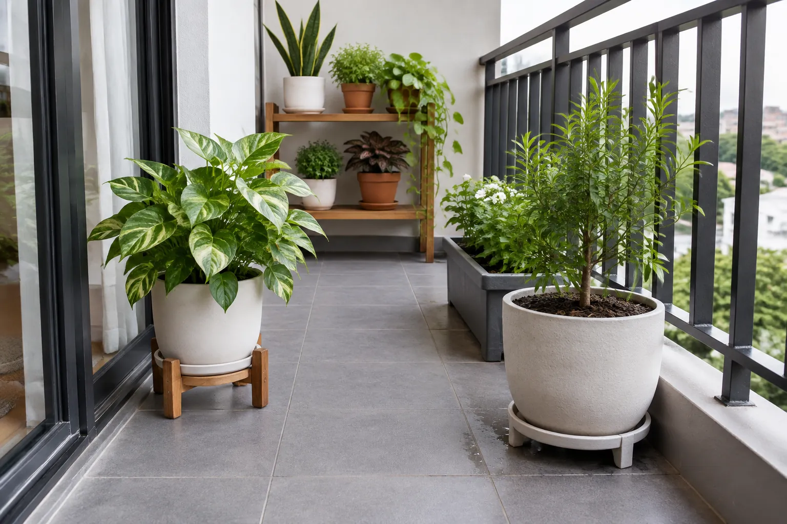 Pot tanaman tersusun di tepi balkon